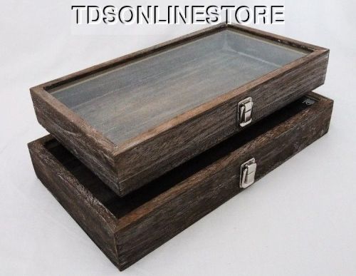 Rustic Wood Glass Top Display Cases Antique Coffee Color Package Of 2