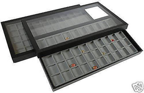 100 COMPARTMENT ACRYLIC LID JEWELRY DISPLAY CASE GRAY