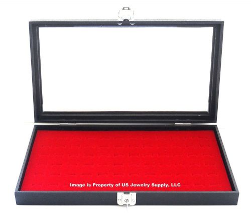 Key Lock Locking Glass Top Lid 72 Ring Red Jewelry Display Box Storage Case