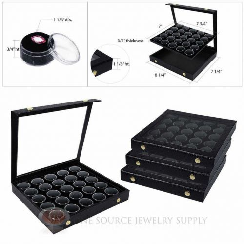 (4) black 25 gem jar inserts w/ snap acrylic display cases gemstone jewelry for sale
