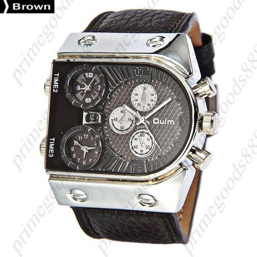 3 time zone zones leather band sub dials analog quartz men&#039;s wristwatch brown for sale
