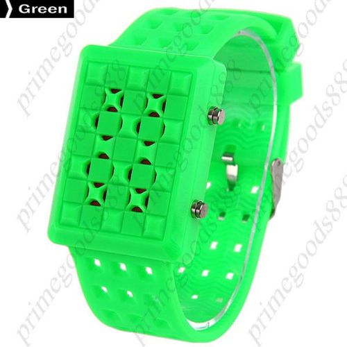 Unisex Red Light LED Digital Wrist Date Grid Hollow Rubber Band in Green