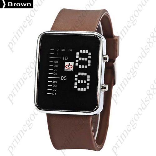 Unisex Digital Square Dial Blue LED Wrist Wristwatch Silicon Band in Brown