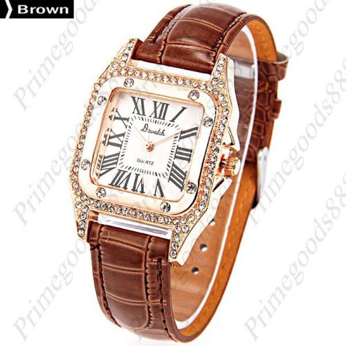Square Rhinestones PU Leather Analog Quartz Wrist Wristwatch Women&#039;s Brown