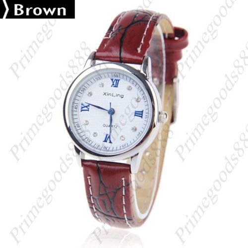 Round Synthetic Leather Strap Lady Ladies Quartz Wristwatch Women&#039;s Brown