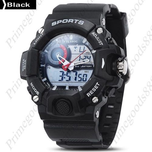 Digital Analog Silicone Strap Waterproof Sports Wrist Wristwatch Men&#039;s Black