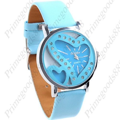 Heart Hearts PU Leather Analog Lady Ladies Wrist Quartz Wristwatch Women&#039;s Blue