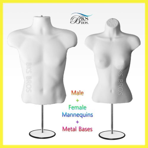 Man &amp; Woman Torso Mannequin, WHITE w/Metal Stand Hook Male Female Hollow Back