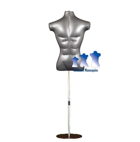 Inflatable male torso, silver and aluminum adjustable stand, brown base for sale