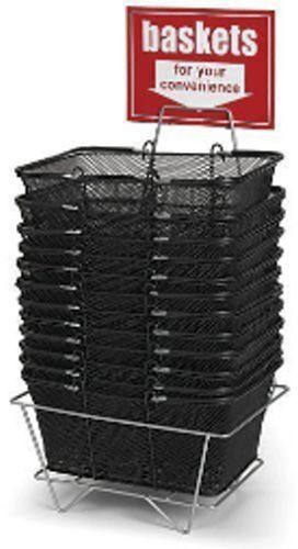 Set of 12 black metal mesh shopping hand baskets - includes stand &amp; sign for sale