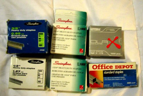 (6) SIX boxes of staples - most heavy duty - DUAX, SWINGLINE various sizes