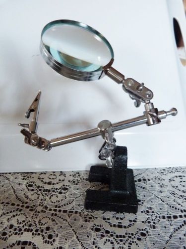 Vintage magnifying glass soldering stand helping hand alligator clip heavy base for sale