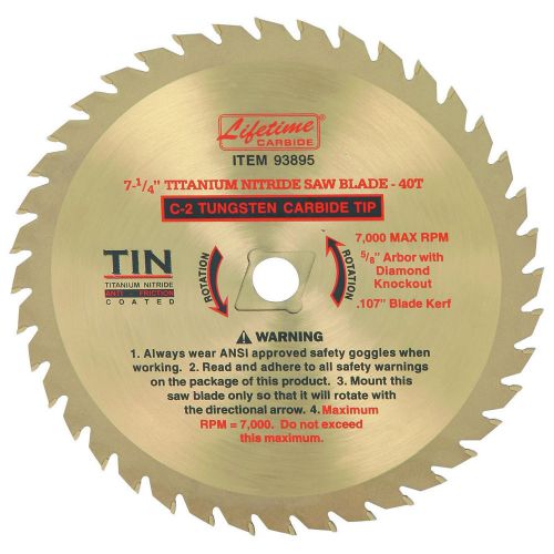 7-1/4&#034;, 40 Tooth Carbide Tipped Circular Saw Blade with Titanium Nitride Coating