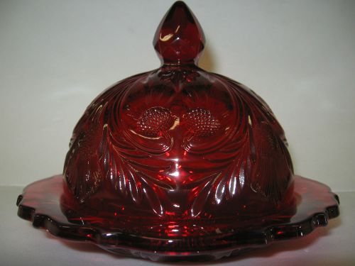 Ruby Red Glass inverted thistle Pattern domed / covered Butter dish round pound