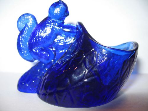 Cobalt blue glass salt dip cellar celt squirrel holder toothpick animal farm art