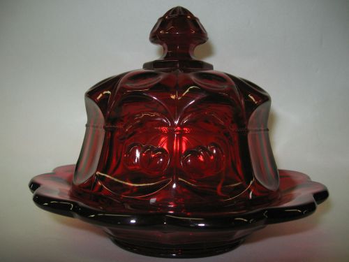 Ruby red Glass serving domed butter dish cherry and cable pattern thumbprint art