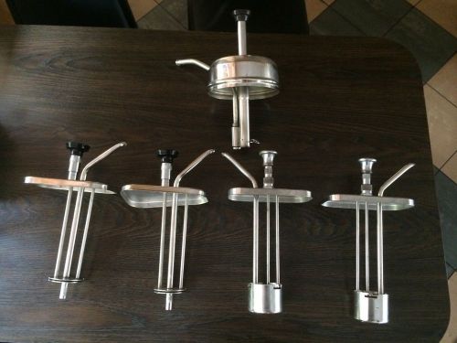5 Commercial Syrup or hot fudge Pumps &amp; 3 stainless steel tins &amp; one lid