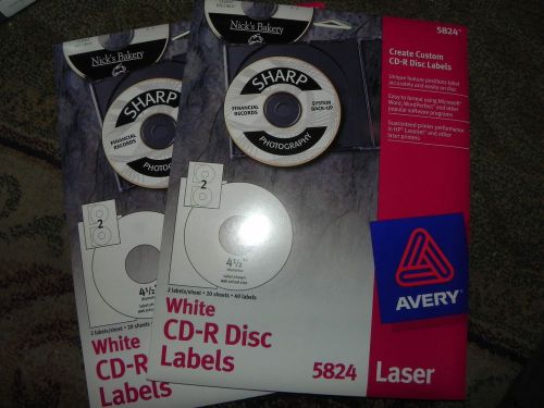2 Pkgs. Avery White CD-R DISC LABELS, #5824, 4 1/2&#034; Diam.,