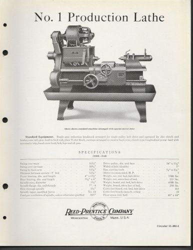 Circular 1925 Reed Prentice Machine Tools Worcester Mass No 1 Production Lathe