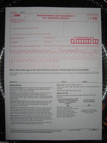 2013 IRS Tax Form 1096 Annual Summary and Transmittal (for 1099&#039;s to IRS)