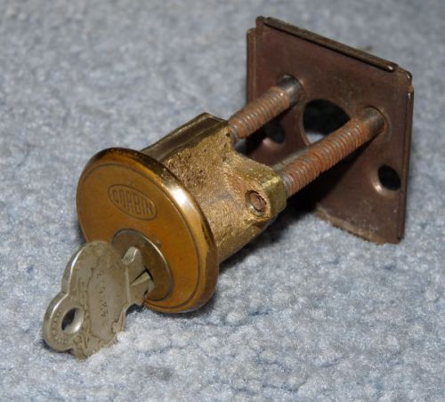 Used Antique CORBIN Rim Cylinder Lock - Brass Tone - Working Key (LOT 452)