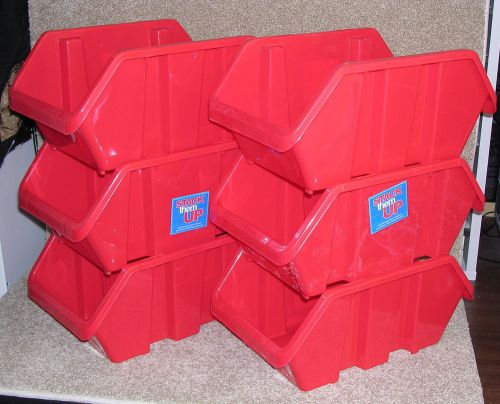 2054-2/ large red 6 storage bins dabble sided opening plastic stackable stack up