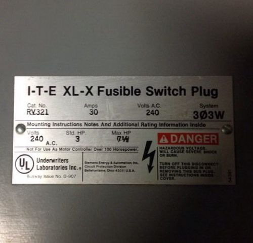 I-T-E fusible switch plug. RV321. 30amps/240V 3PH/3Wire