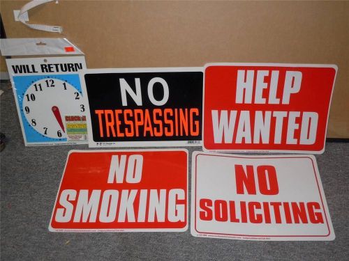 Lot of 5 Place Of Business Warning Signs Help Wanted, No Smoking, Be Back Soon +