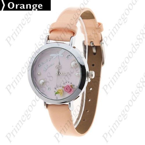 Dragonfly Flowers PU Leather Strap Quartz Wrist Wristwatch Women&#039;s Orange