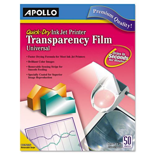 Quick-Dry Transparency Film, Removable Sensing Stripe, Letter, Clear, 50/Box