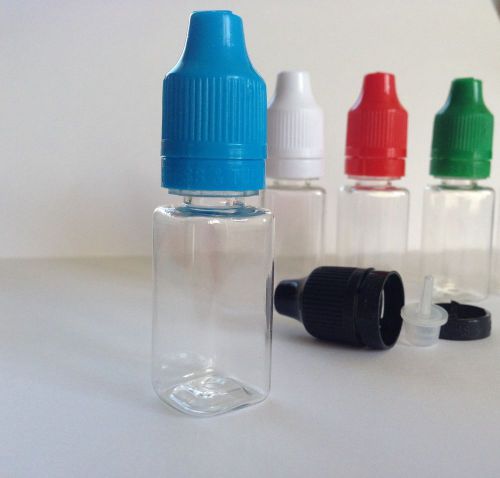 100 Unique Square 10 ml Dropper Bottle PET Vape Long Tip Child Proof