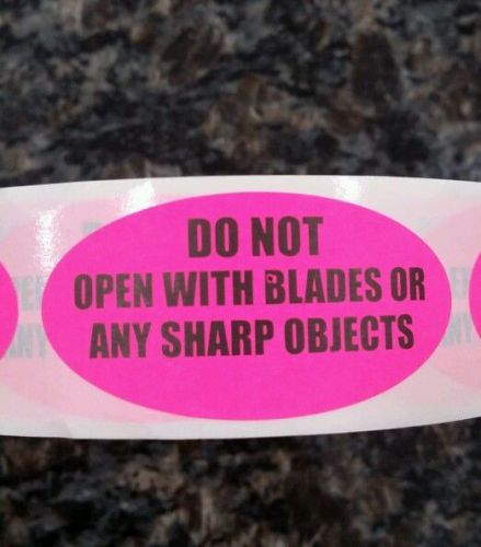 DO NOT OPEN WITH BLADES OR ANY SHARP OBJECTS fluor pink 1X2 Oval Label 20 labels
