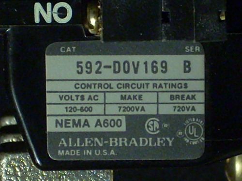 NEW Allen-Bradley 592-DOV169 Thermal Overload Relay Aux NO + NC Lugs Trip Indic