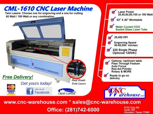 CNC Warehouse-Professional Laser/Engraver Model CML-1610 Dual Laser Machine