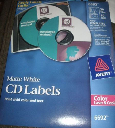 NEW Avery Matte White CD/DVD Labels # 6692 30 Disc Pack 60 Spine Labels