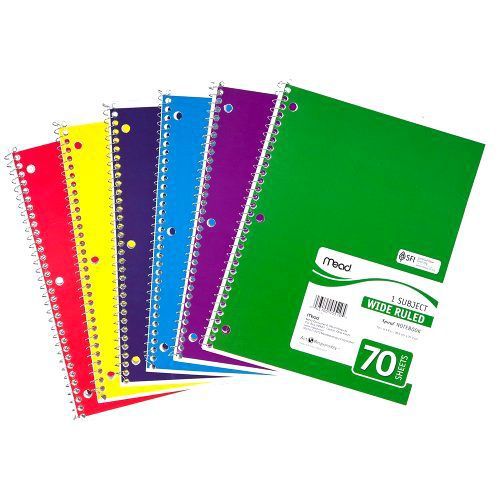 Mead Spiral Notebook 1-Subject, 70-Count, Wide Ruled, Assorted Colors, 4 Pack