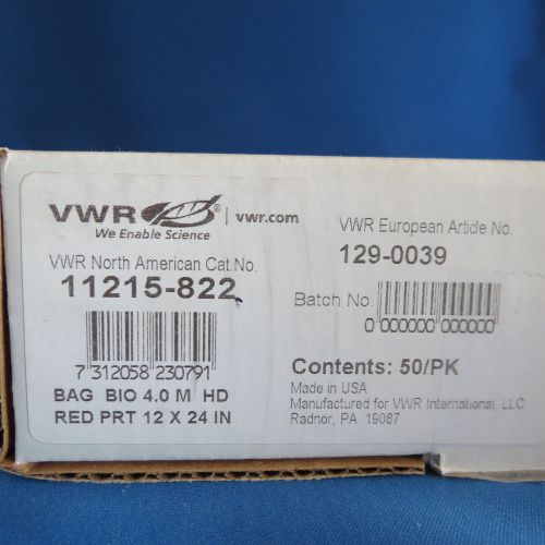 Pk/50 VWR Autoclavable Polyethylene Biohazard Bags 4 mil 30.4 x 61 cm 11215-822