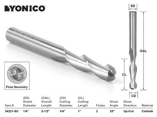 Yonico 34221-SC CNC Router Bit Ball Nose Solid Carbide with 1/4-Inch X 1-Inch X