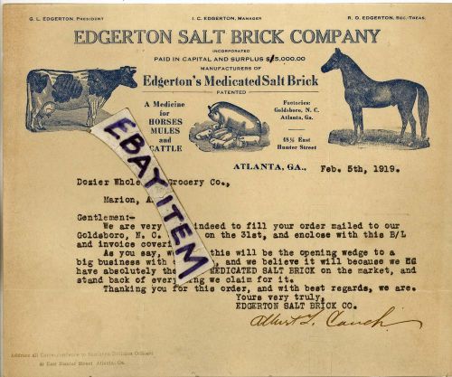 1919 Atlanta GA Georgia EDGERTON SALT BRICK CO Veterinary Medicine Albert Cauch