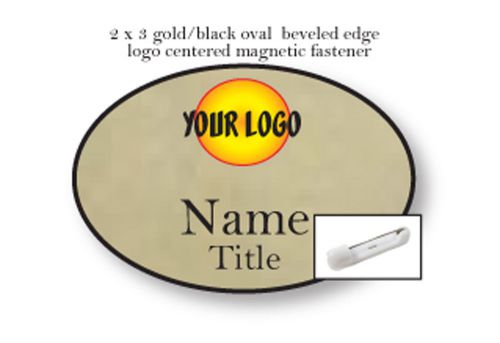 100 GOLD OVAL NAME BADGES FULL COLOR 2 LINE IMPRINT PIN FASTENERS