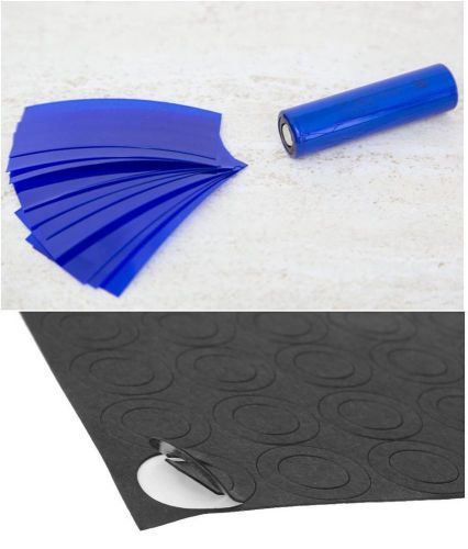 50 pcs 18650 PVC NEON BLUE Heat Shrink Wraps w/ 25 pcs BLACK Flat Top Insulators