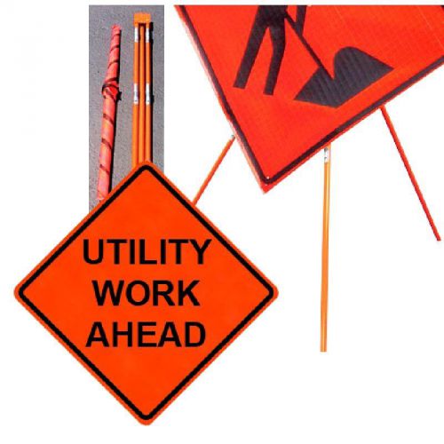 Utility work ahead 48&#034; x 48&#034; vinyl fluorescent roll up sign and tripod stand for sale