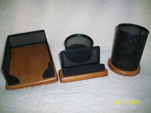 WOOD AND METAL DESK SET BUSINESS CARD NOTE PAD PEN AND CLIP HOLDERS