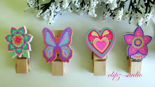 4 x  Wood Paper/Photo Binder Clips FLOWERS/BUTTERFLY~SUPER CUTE!
