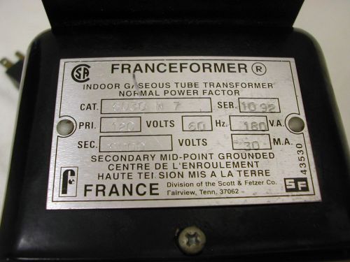 NEON SIGN TRANSFORMER   6.000 volts  30ma FRANCEFORMER