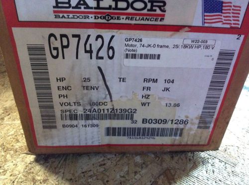 Baldor gearmotor, #GP7426, fr-JK, 180vdc, .25hp, tor-75in-lb, 33:1, 104rpm out
