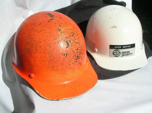2 vintage old construction white + orange hard hat - msa approved for sale