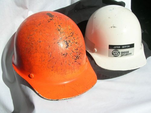 2 VINTAGE OLD CONSTRUCTION WHITE + ORANGE HARD HAT - MSA APPROVED