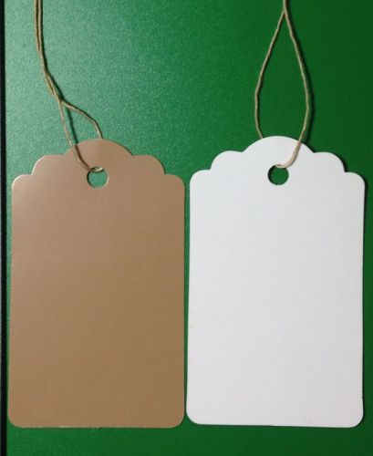 New 100 scalloped kraft print 1 x 1 5/8 paper merchandise price tags with string for sale