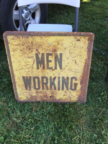 MEN WORKING VINTAGE ROAD OR CONSTRUCTION METAL SIGN HIGHWAY AT WORK EMBOSSED